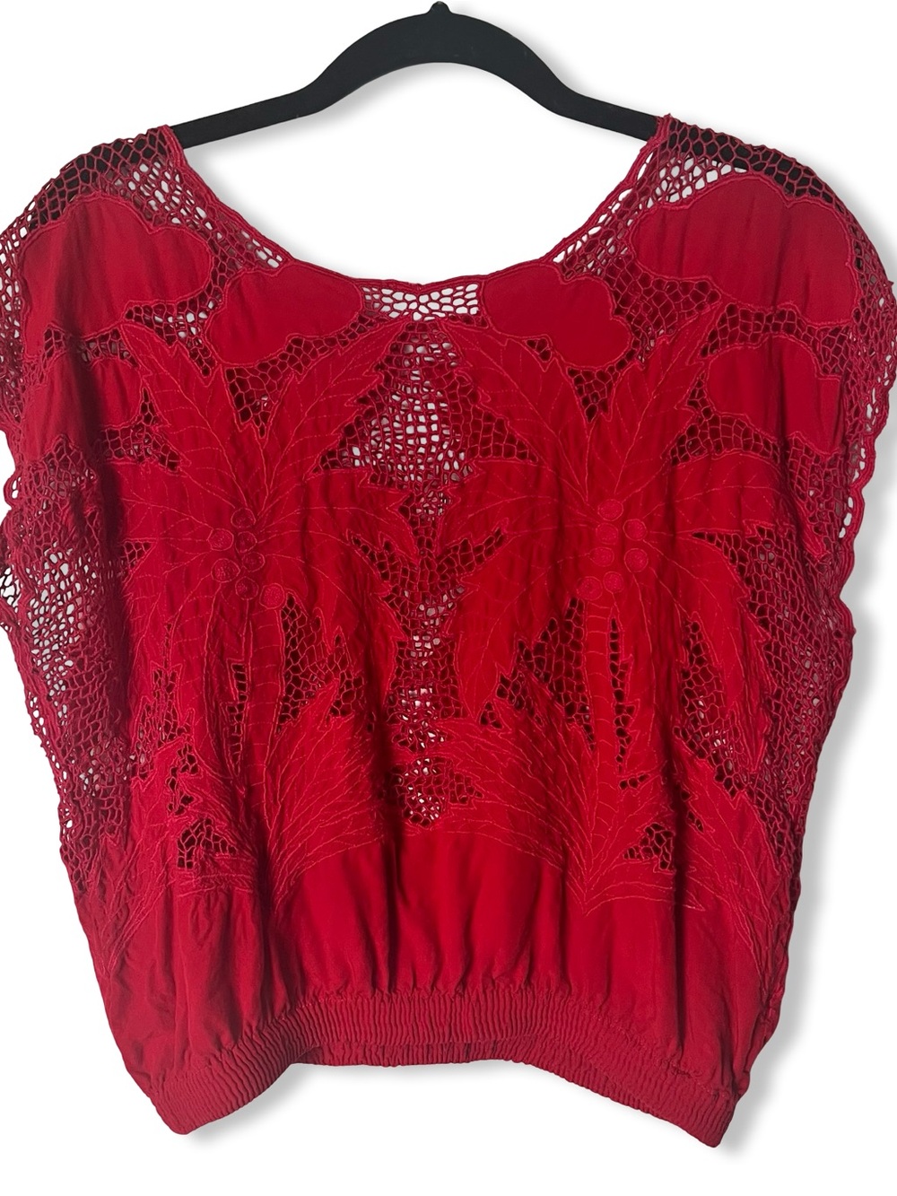 Vtg 80s 90s Bali Red Cutwork Lace Palm Tree Crop Blouse Top Elastic Hem Sz. S